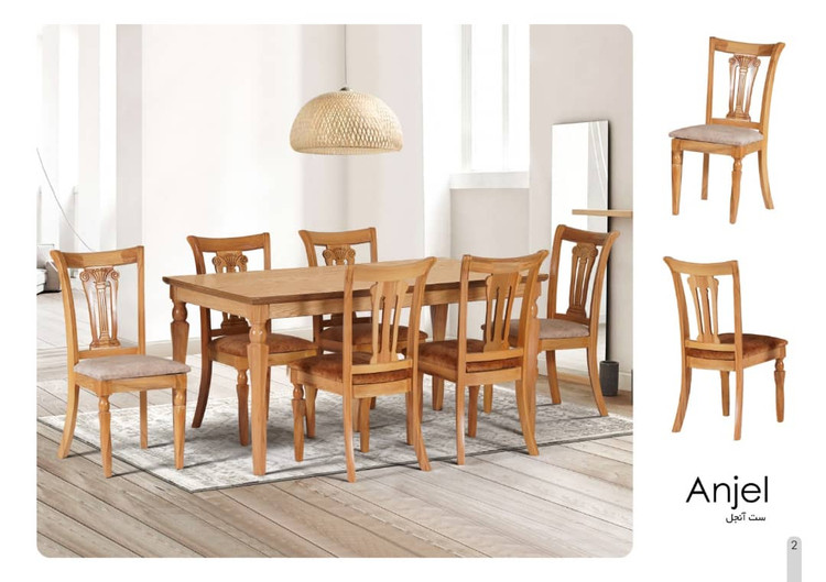 میز و صندلی ناهارخوری مدل آنجل ۶ نفره از چوب راش سوپر گرجستان با پایههای CNC روتاری سبک کلاسیک